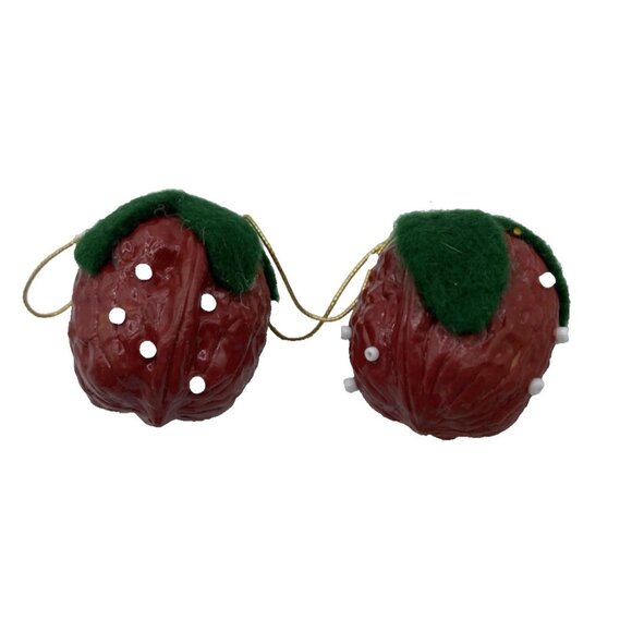 2 Vintage Christmas Tree Ornaments Handmade Strawberry Nut Shell Rustic Holiday - Picture 2 of 7